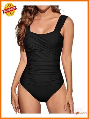 Tummy Control Square Neck One Piece Swimsuit Ruched Modest Swimwear
